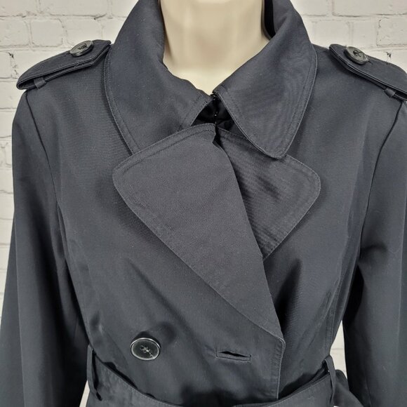 London Fog Black Double Breasted Buttoned Belted Pleated Long Trench Coat 6 - Picture 9 of 16